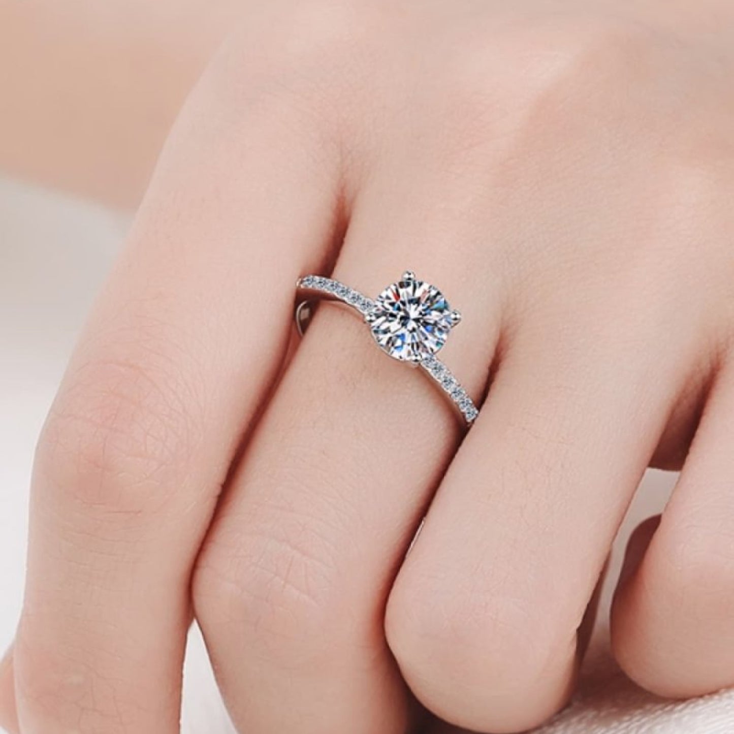 1 Carat Moissanite Rhodium - Plated Side Stone Ring - Samuels Jewelers