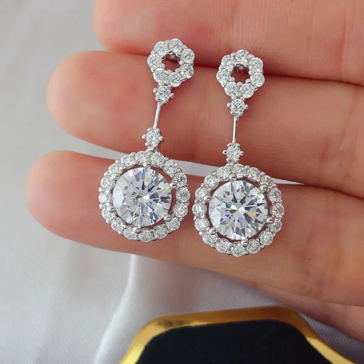 4 Carat Crystal Drop Dangle Earrings with Round Halo Design - Samuels Jewelers