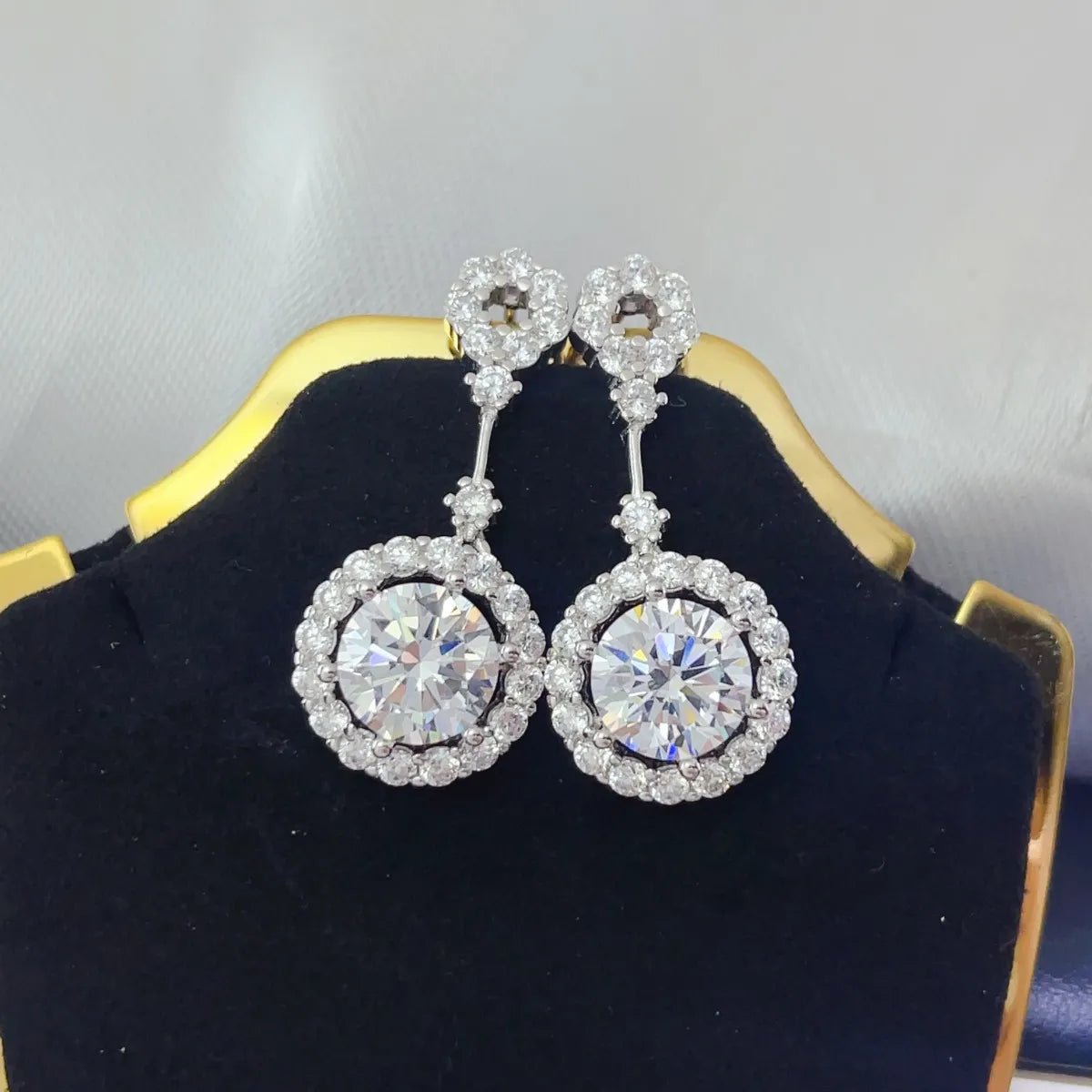 4 Carat Crystal Drop Dangle Earrings with Round Halo Design - Samuels Jewelers