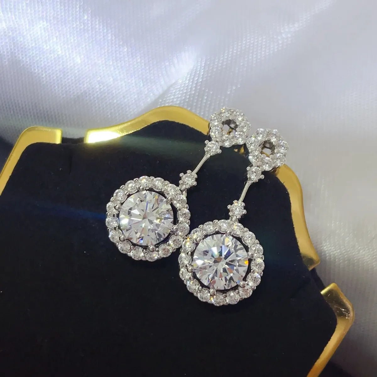 4 Carat Crystal Drop Dangle Earrings with Round Halo Design - Samuels Jewelers