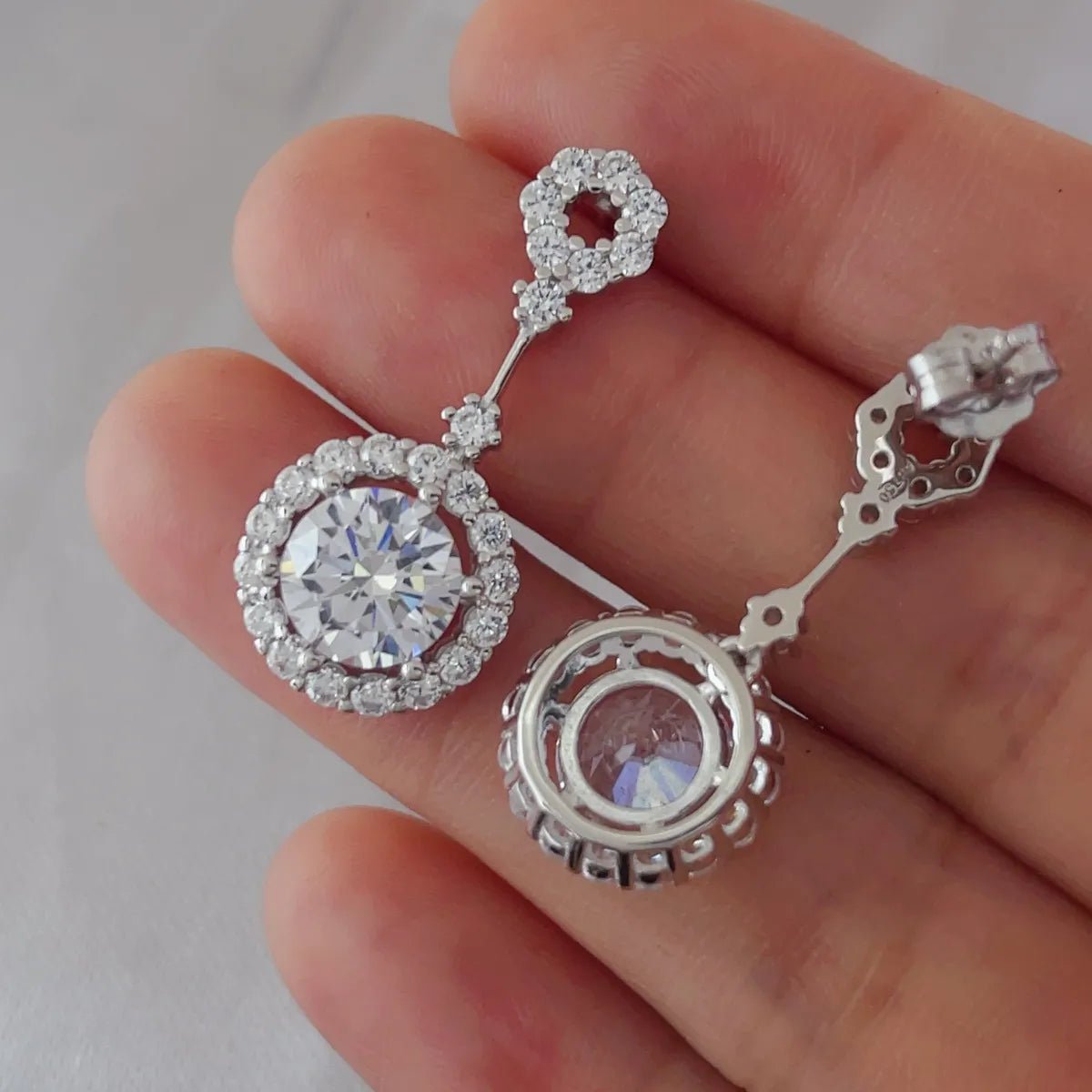 4 Carat Crystal Drop Dangle Earrings with Round Halo Design - Samuels Jewelers