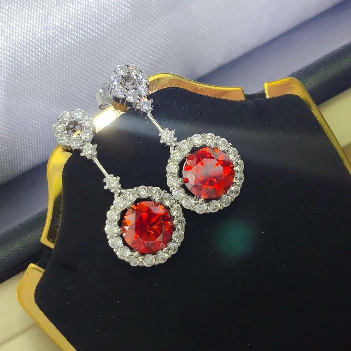 4 Carat Ruby Red Crystal Drop Earrings with Rhinestone Halo - Samuels Jewelers