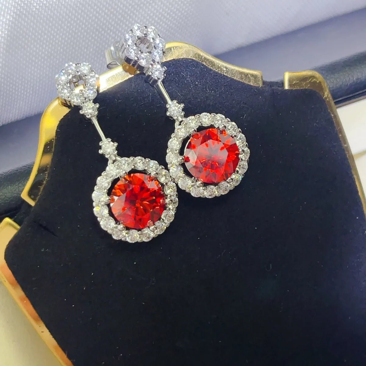 4 Carat Ruby Red Crystal Drop Earrings with Rhinestone Halo - Samuels Jewelers