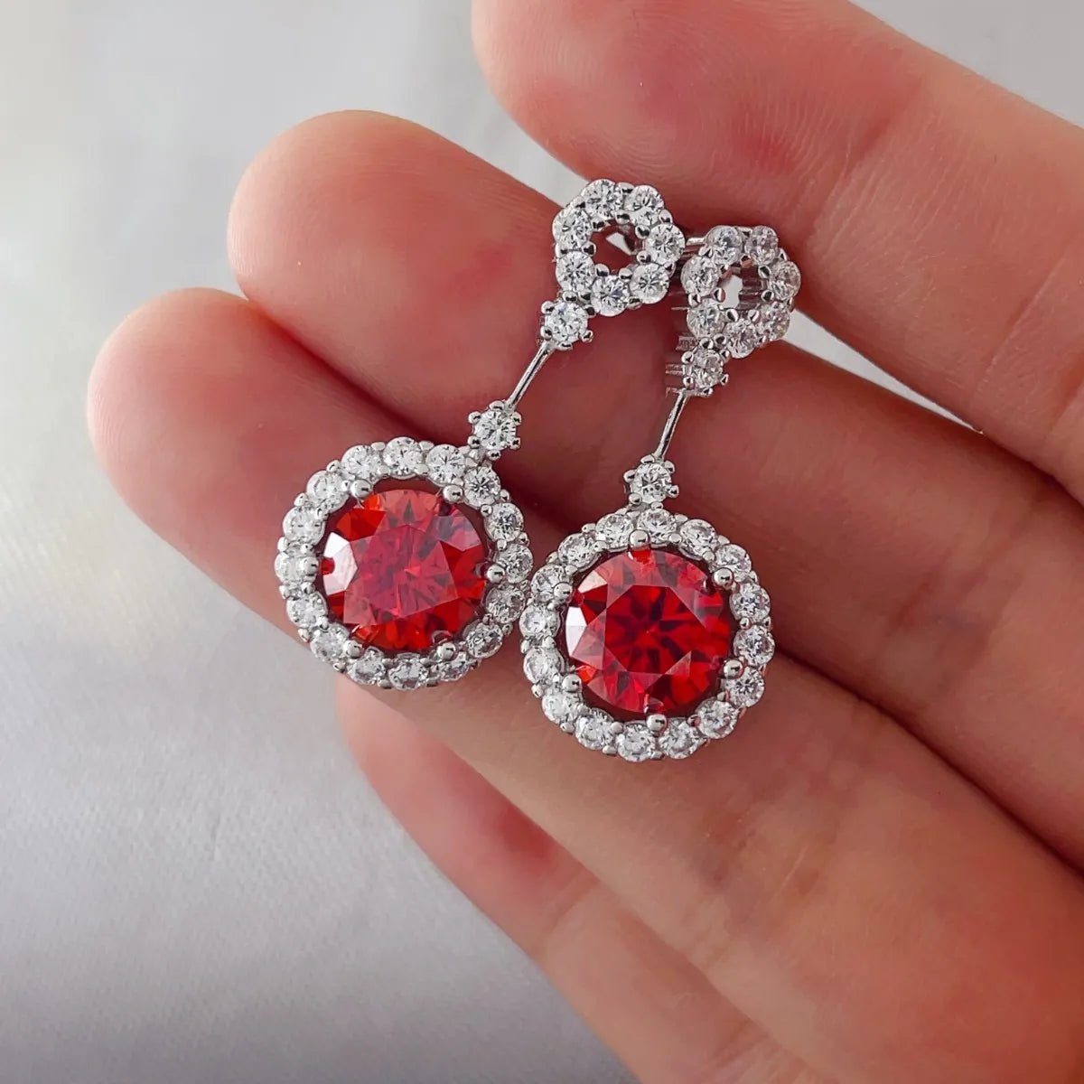 4 Carat Ruby Red Crystal Drop Earrings with Rhinestone Halo - Samuels Jewelers