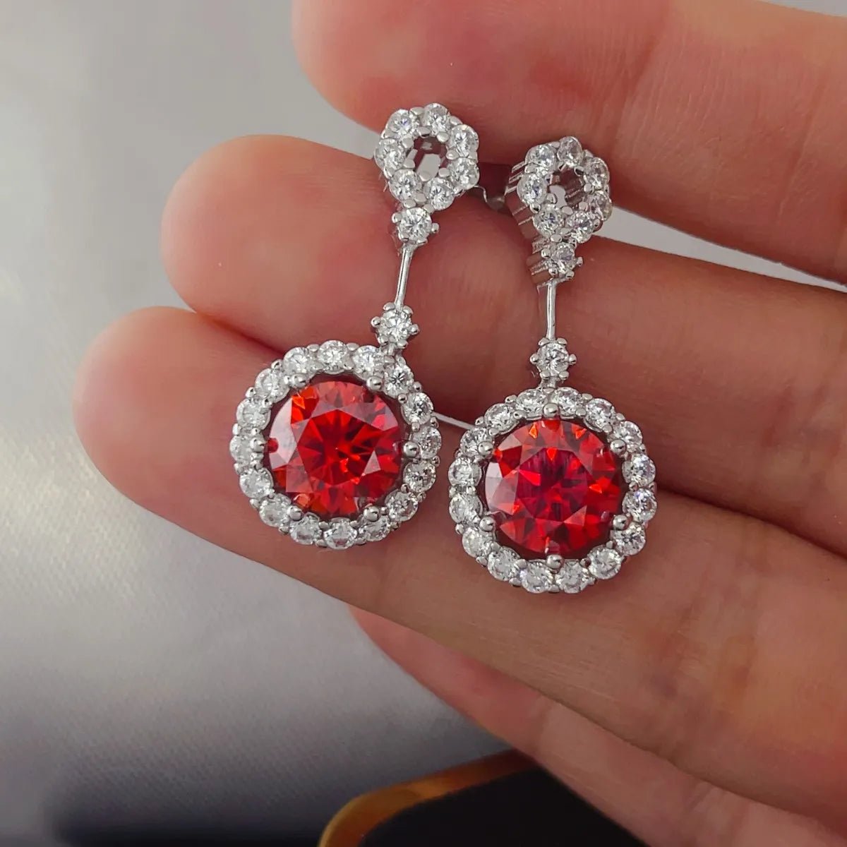 4 Carat Ruby Red Crystal Drop Earrings with Rhinestone Halo - Samuels Jewelers