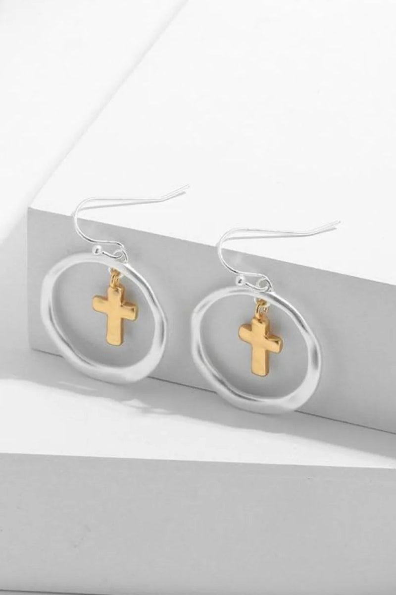 Brass Contrast Cross Dangle Earrings - Samuels Jewelers