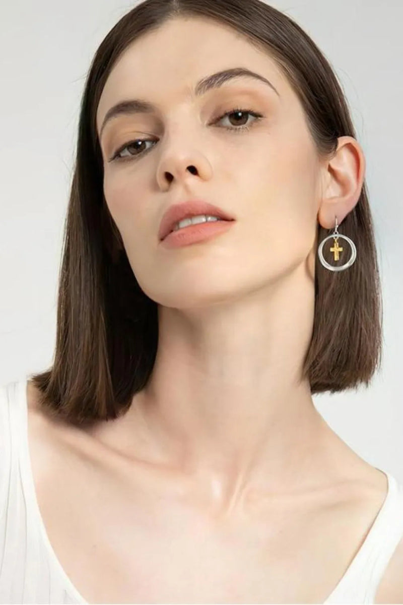 Brass Contrast Cross Dangle Earrings - Samuels Jewelers