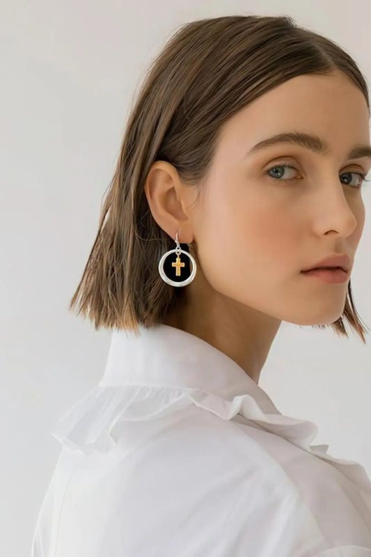 Brass Contrast Cross Dangle Earrings - Samuels Jewelers
