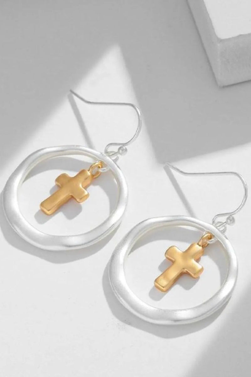 Brass Contrast Cross Dangle Earrings - Samuels Jewelers