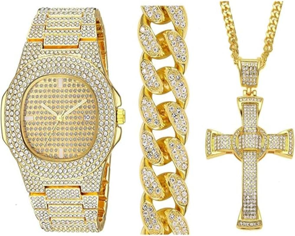 Luxury Men Gold Silver Color Watch Hip Hop Watch & Bracelet & Necklace Combo Set Ice Out Cuban Watch Hip Hop - Samuels Jewelers