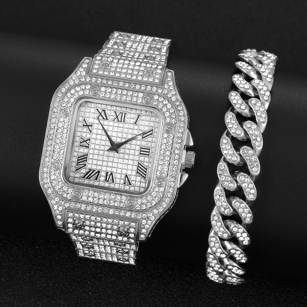 Men's Rhinestone Square Big Dial Hip Hop Watch Chain Bracelet Set - Samuels Jewelers