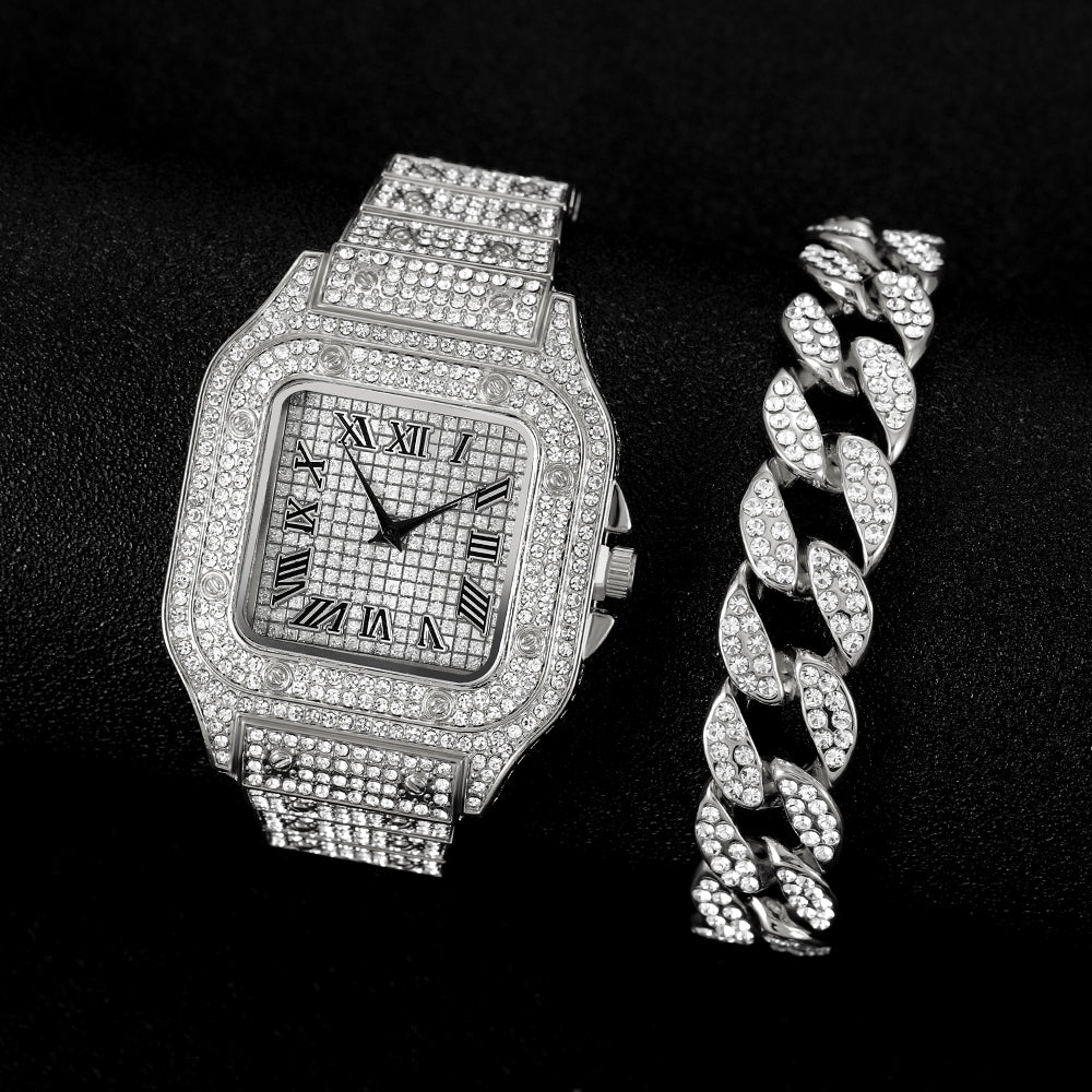 Men's Rhinestone Square Big Dial Hip Hop Watch Chain Bracelet Set - Samuels Jewelers