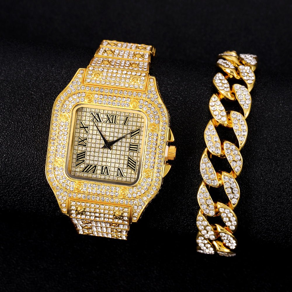 Men's Rhinestone Square Big Dial Hip Hop Watch Chain Bracelet Set - Samuels Jewelers