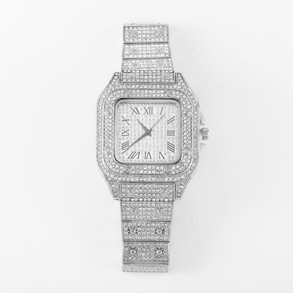 Men's Rhinestone Square Big Dial Hip Hop Watch Chain Bracelet Set - Samuels Jewelers