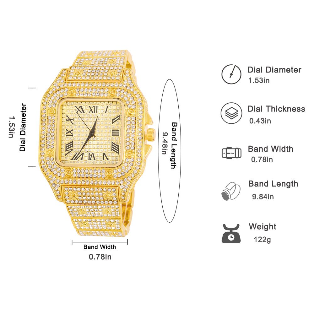 Men's Rhinestone Square Big Dial Hip Hop Watch Chain Bracelet Set - Samuels Jewelers