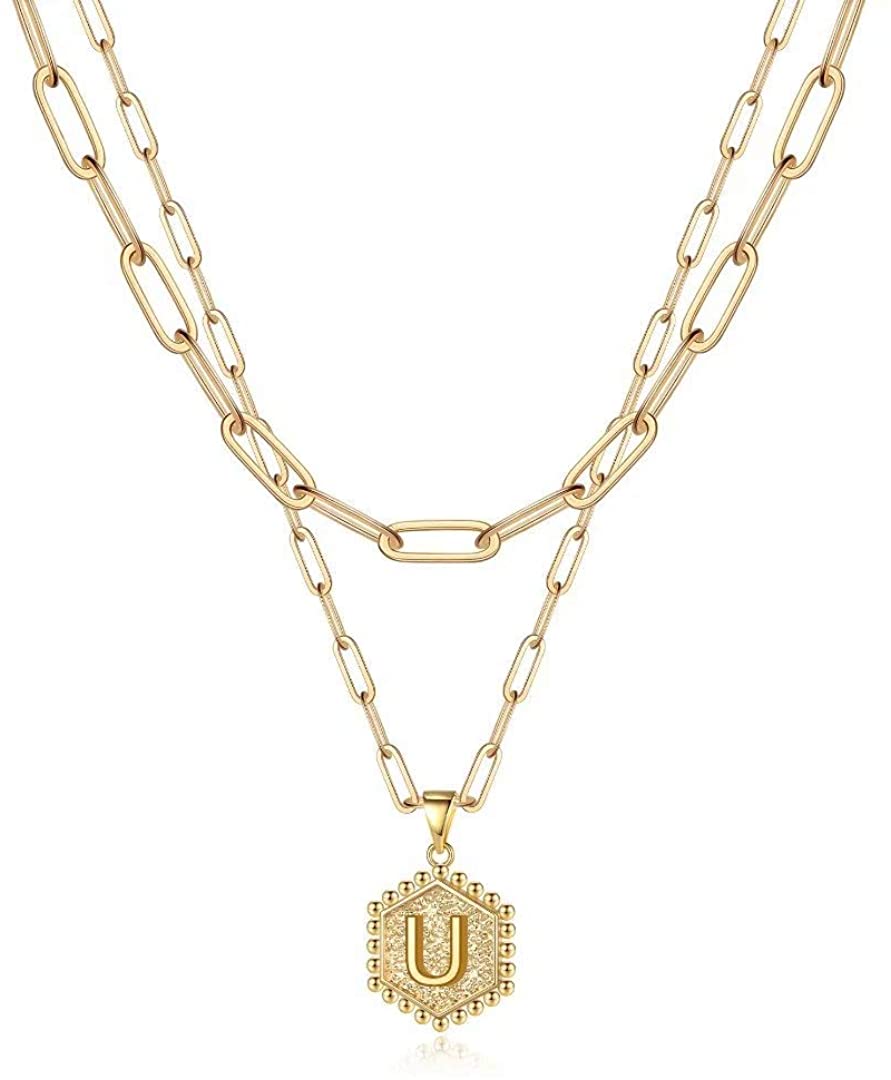 Dainty Layered Initial Necklace 14K Gold Plated Paperclip Chain Hexagon Pendant Choker Necklace - Samuels Jewelers