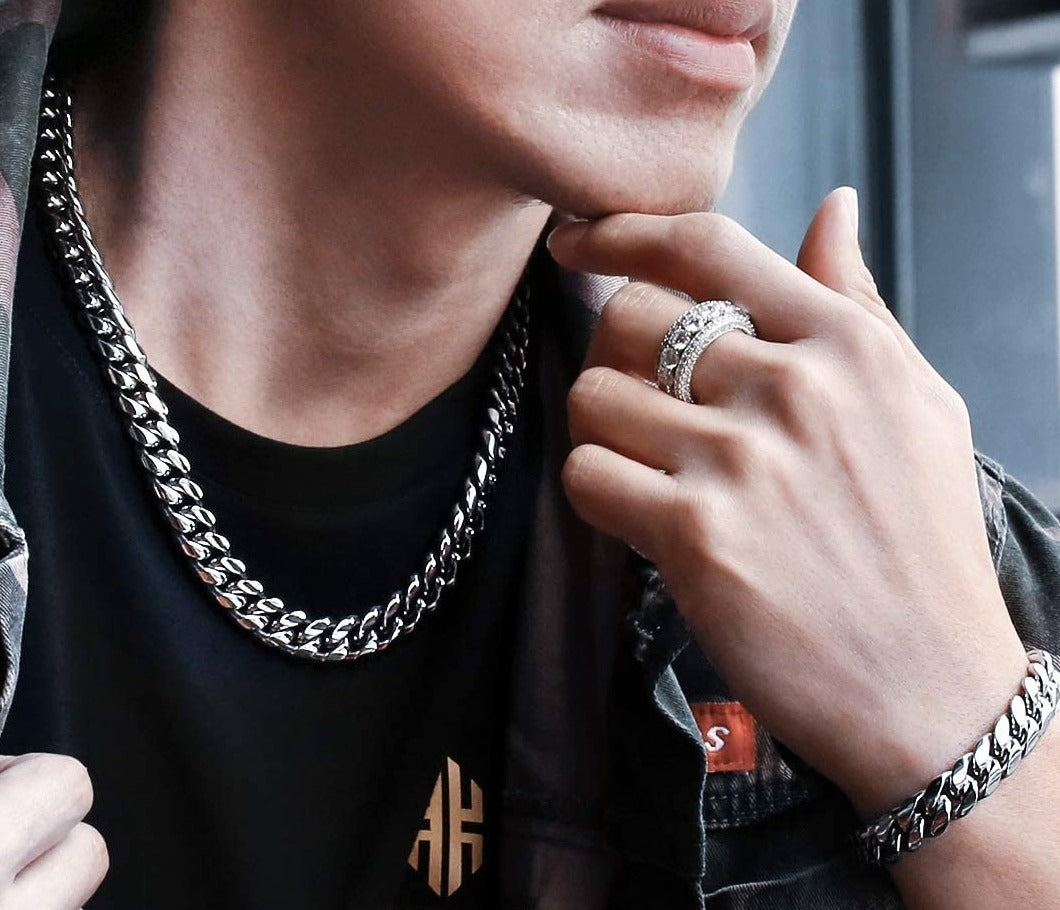 5" Width 18K Gold Miami Cuban Link Chain Set Iced Out Curb Chain and Bracelet Set - Samuels Jewelers