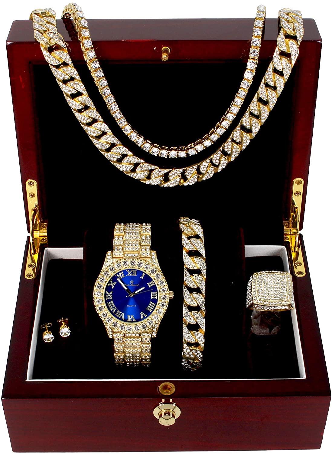 Fully Iced Hip Hop Big Rocks Bezel Color Dial Cuban Chain Bracelet, Cuban Necklace, Tennis Chain & Ring - Samuels Jewelers