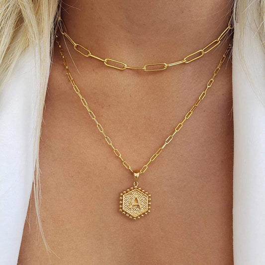 14K Gold Plated Hexagon Letter Pendant Layered Necklace - Samuels Jewelers