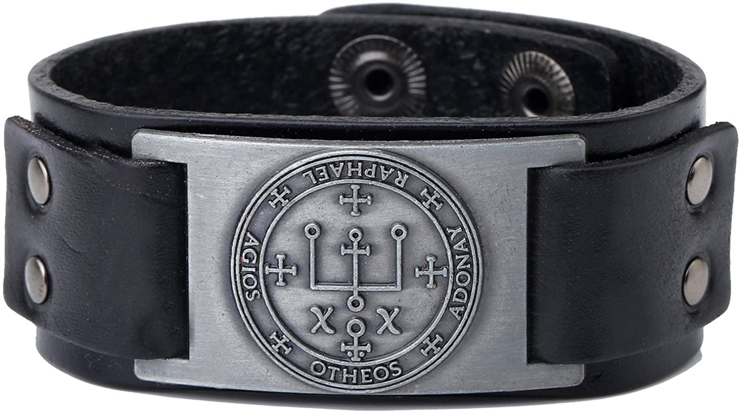 Vintage Solomon Sigil of Archangel Raphael Metal Craft Connector Enoch Talisman Cuff Leather Bracelet - Samuels Jewelers