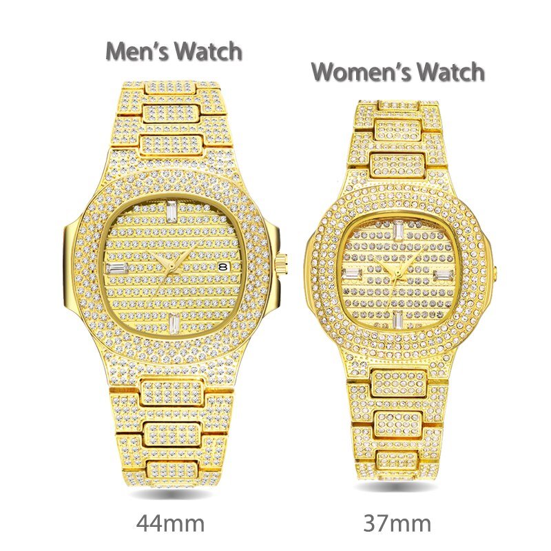 18K Gold Diamond Decorated Quartz Ice Out Couple Watch Set - Samuels Jewelers