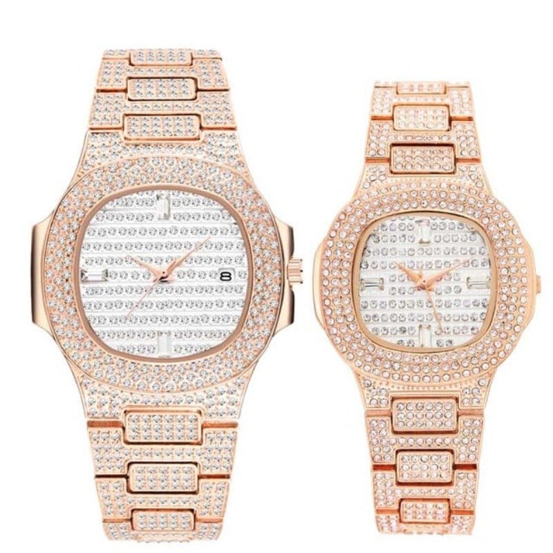 18K Gold Diamond Decorated Quartz Ice Out Couple Watch Set - Samuels Jewelers