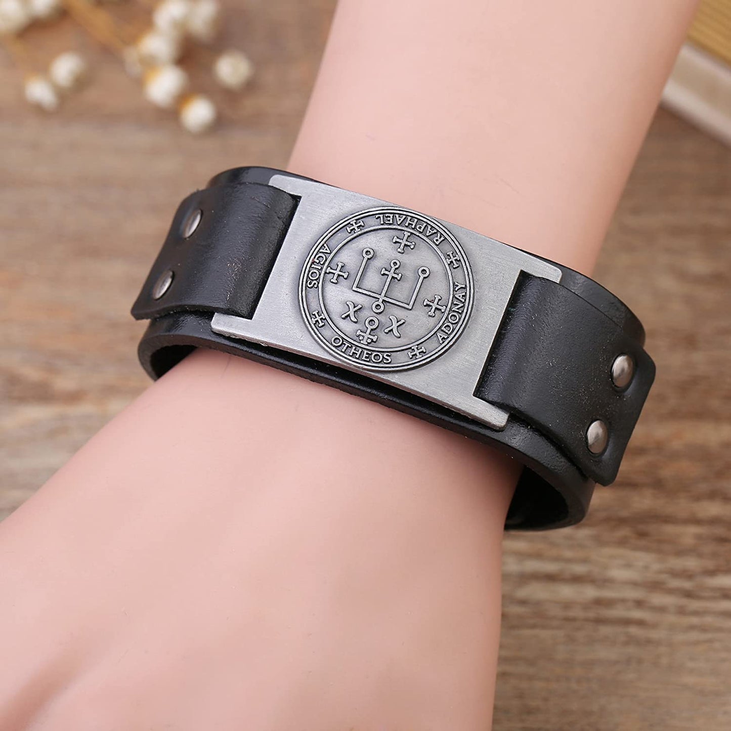 Vintage Solomon Sigil of Archangel Raphael Metal Craft Connector Enoch Talisman Cuff Leather Bracelet - Samuels Jewelers