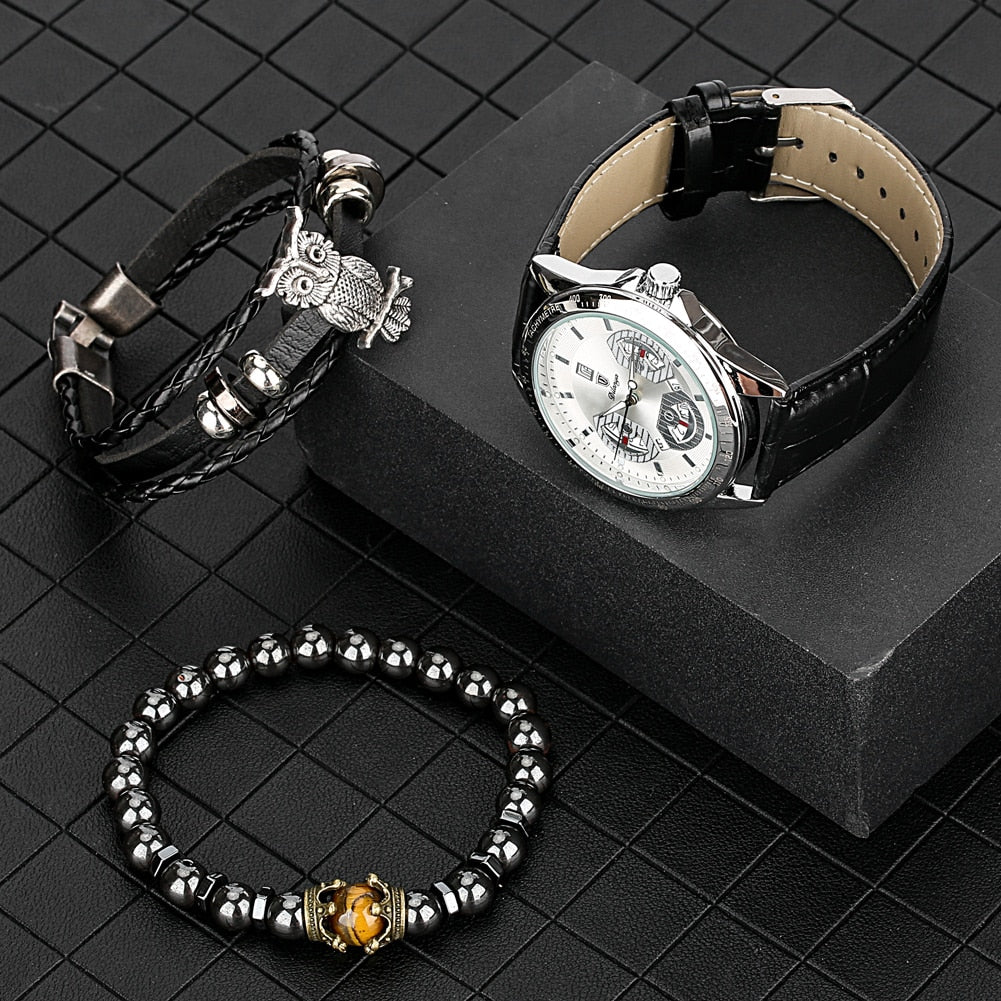 Elastic Bead Bracelet Braided Leather Chain Calendar Wristwatch - Samuels Jewelers
