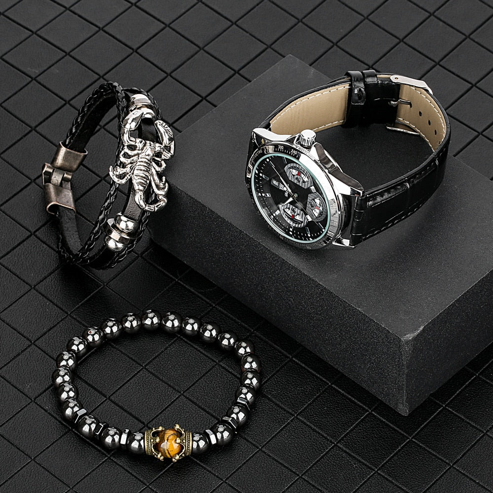 Elastic Bead Bracelet Braided Leather Chain Calendar Wristwatch - Samuels Jewelers
