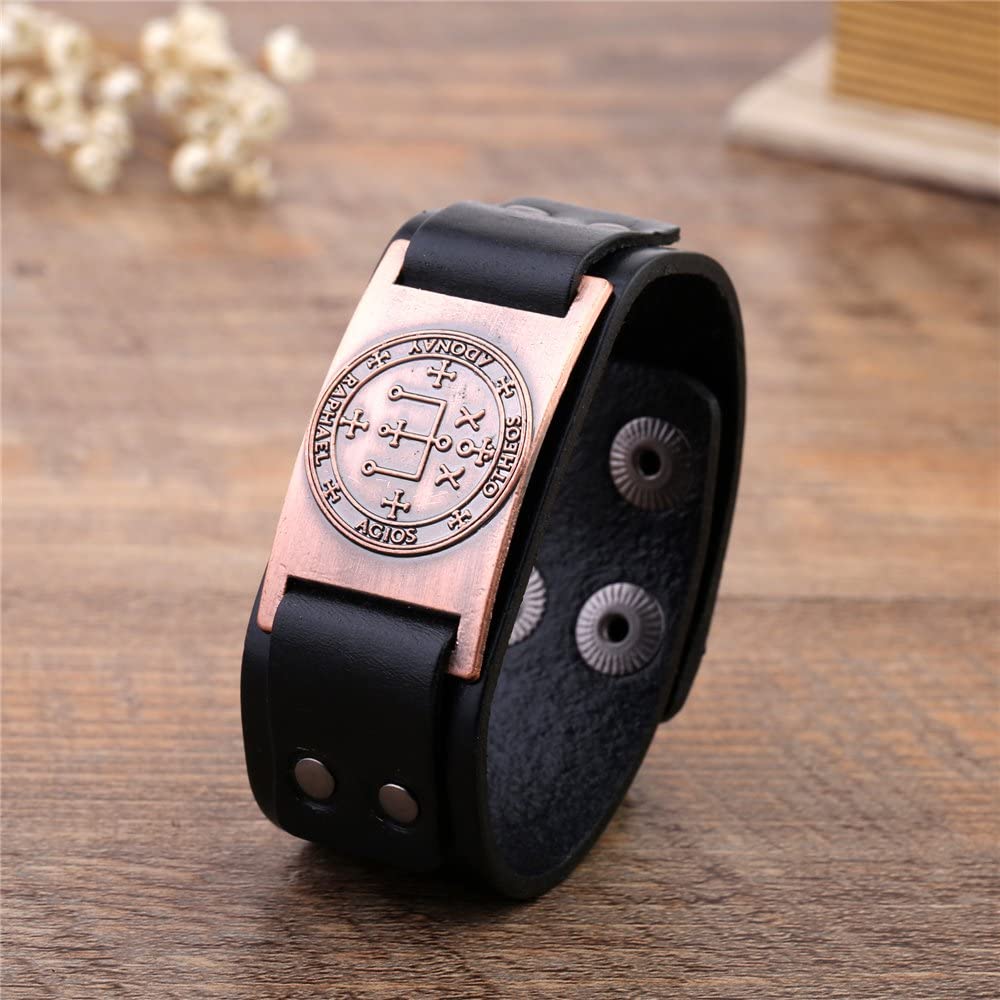 Vintage Solomon Sigil of Archangel Raphael Metal Craft Connector Enoch Talisman Cuff Leather Bracelet - Samuels Jewelers