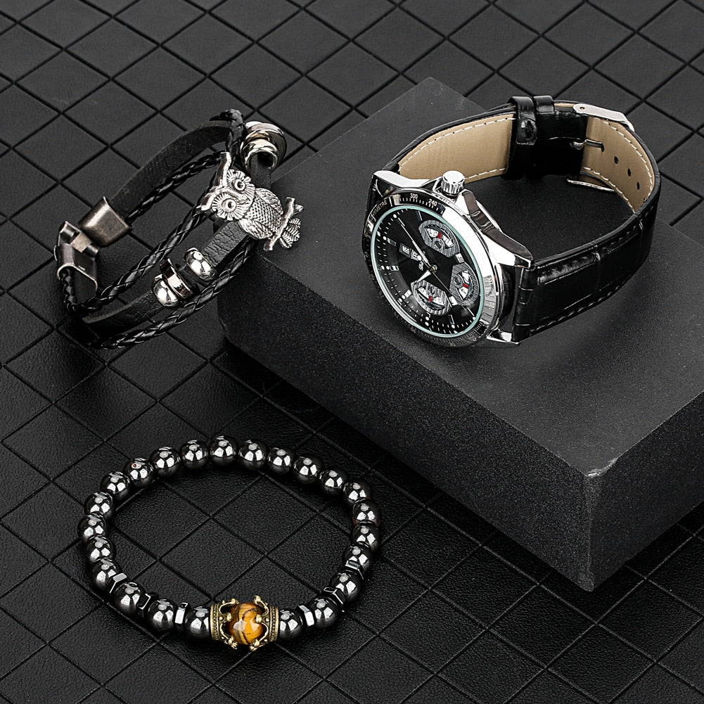 Elastic Bead Bracelet Braided Leather Chain Calendar Wristwatch - Samuels Jewelers