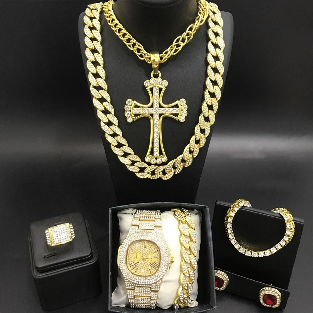 Luxury Men Gold Watch Necklace Bracelet Ring Earrings Combo Ice Out Cuban In Crystal Necklace Chain Hip Hop - Samuels Jewelers