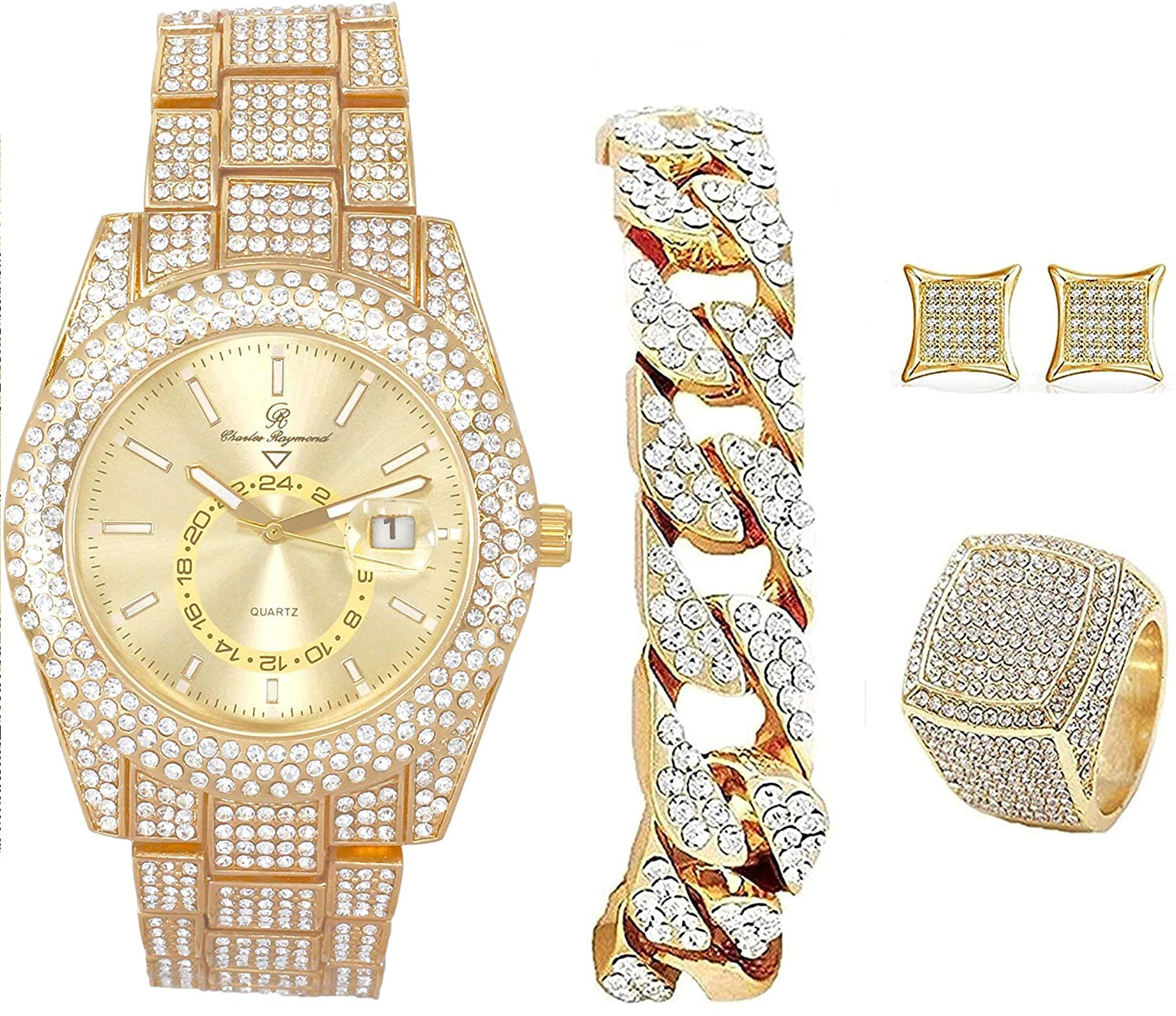 Bling-end Out Hip Hop Watch & Jewelry Set w/Cuban Chain Bracelet, Kite Bling Earrings & Ring - Samuels Jewelers