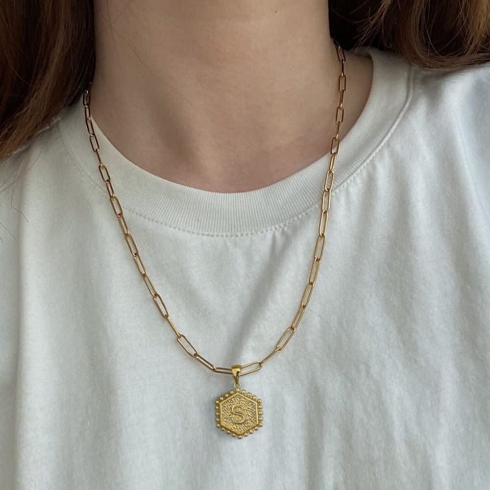 Dainty Layered Initial Necklace 14K Gold Plated Paperclip Chain Hexagon Pendant Choker Necklace - Samuels Jewelers