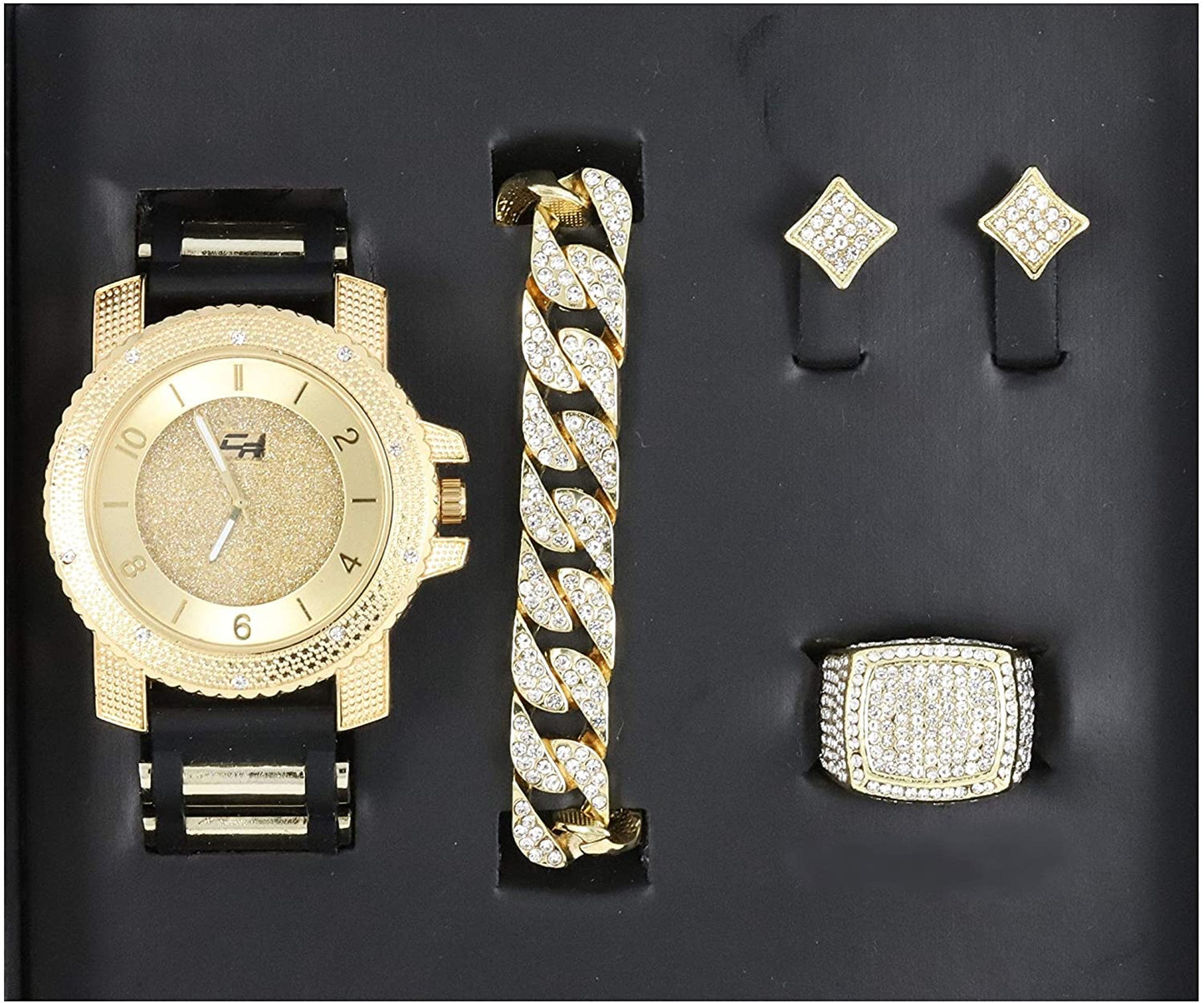 Bling-end Out Hip Hop Watch & Jewelry Set w/Cuban Chain Bracelet, Kite Bling Earrings & Ring - Samuels Jewelers