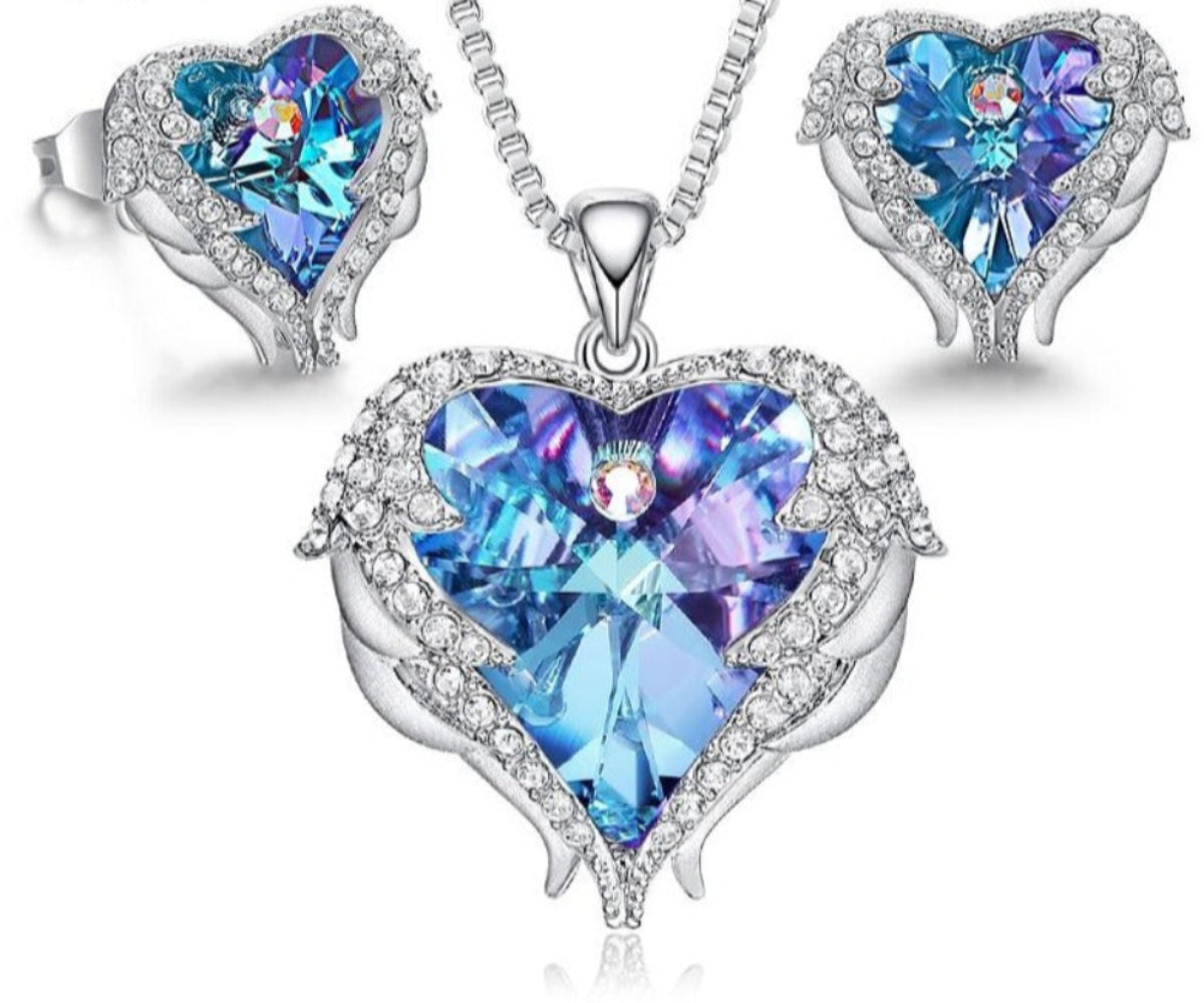 Necklace Earrings Jewelry Set Embellished Crystals Heart Pendant Stud - Samuels Jewelers