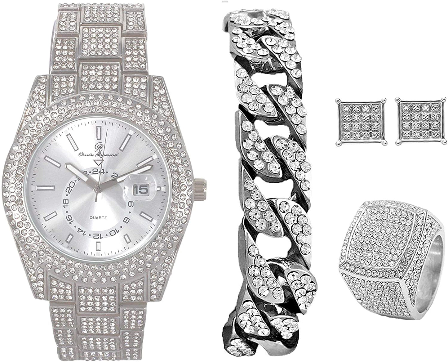 Bling-end Out Hip Hop Watch & Jewelry Set w/Cuban Chain Bracelet, Kite Bling Earrings & Ring - Samuels Jewelers