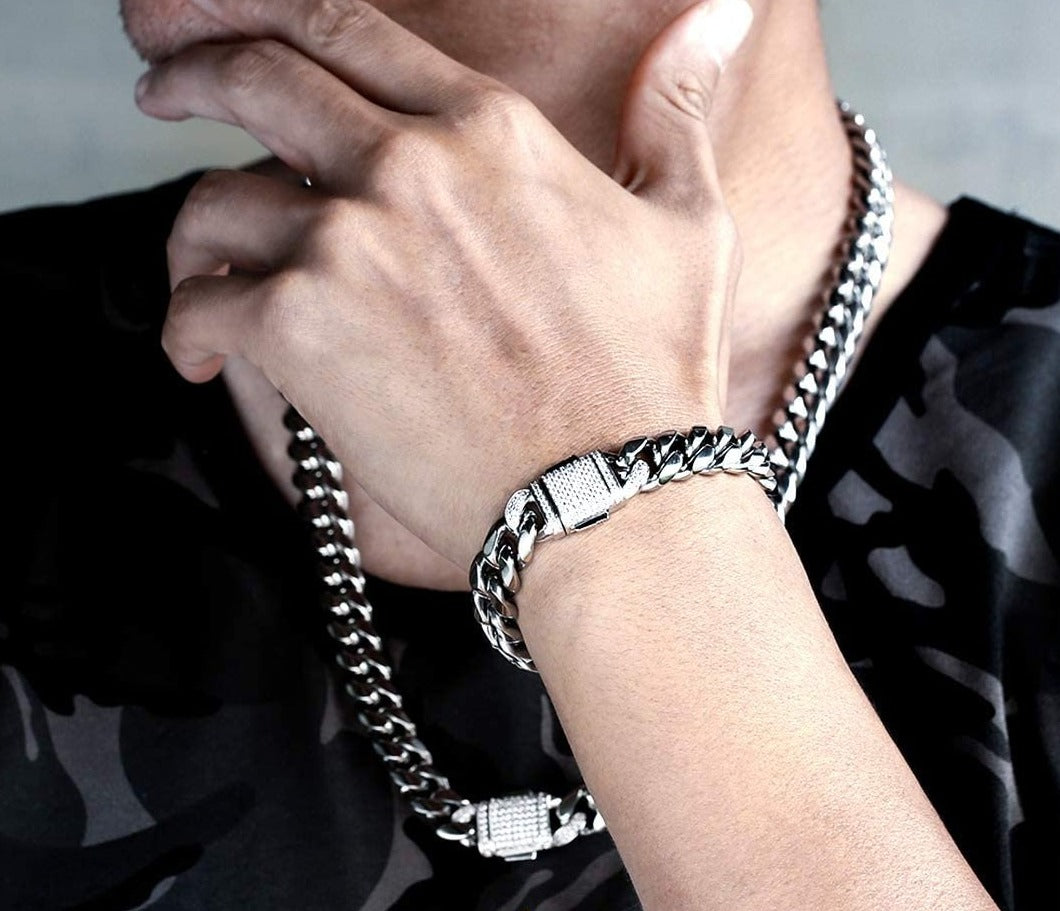 5" Width 18K Gold Miami Cuban Link Chain Set Iced Out Curb Chain and Bracelet Set - Samuels Jewelers