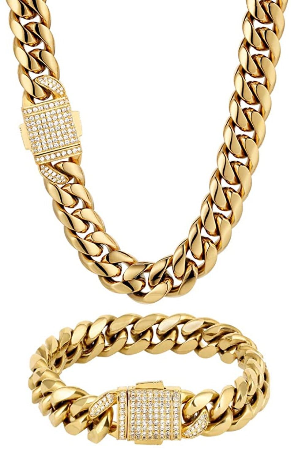 5" Width 18K Gold Miami Cuban Link Chain Set Iced Out Curb Chain and Bracelet Set - Samuels Jewelers