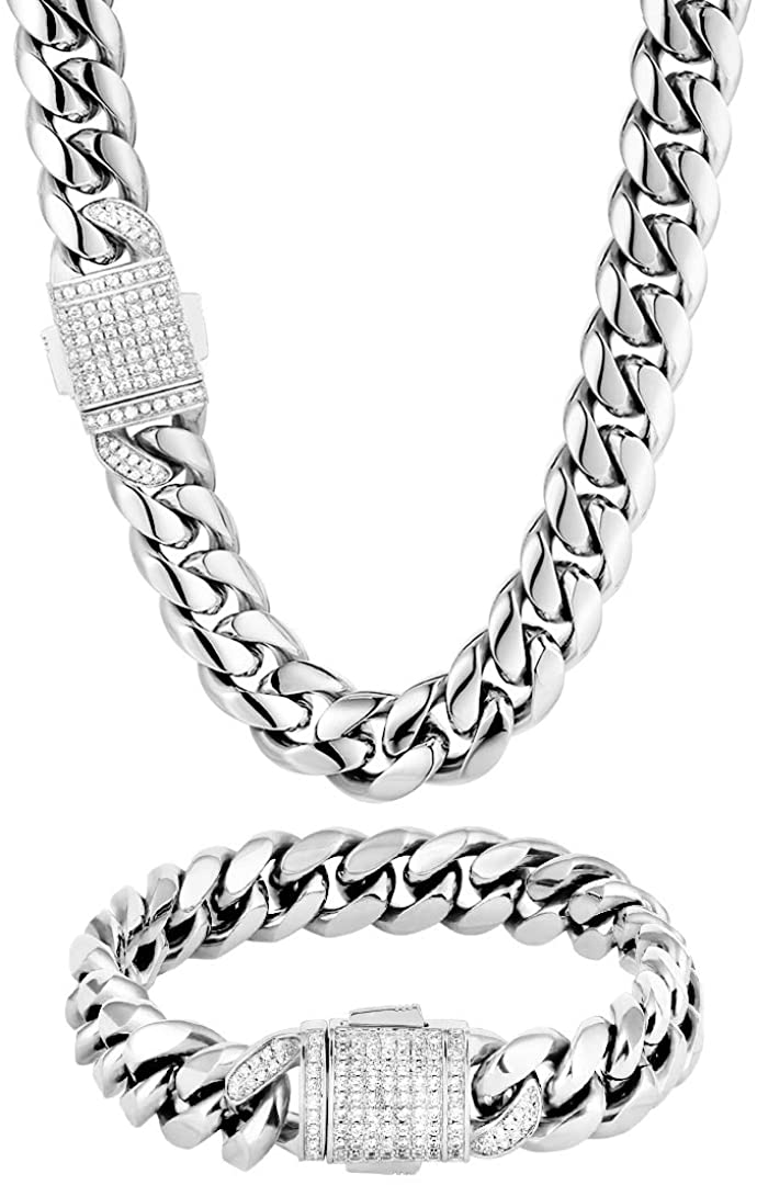 5" Width 18K Gold Miami Cuban Link Chain Set Iced Out Curb Chain and Bracelet Set - Samuels Jewelers