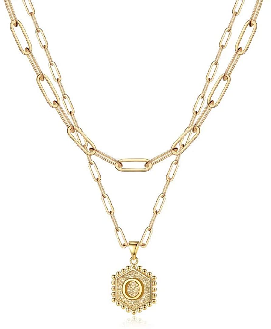 Dainty Layered Initial Necklace 14K Gold Plated Paperclip Chain Hexagon Pendant Choker Necklace - Samuels Jewelers
