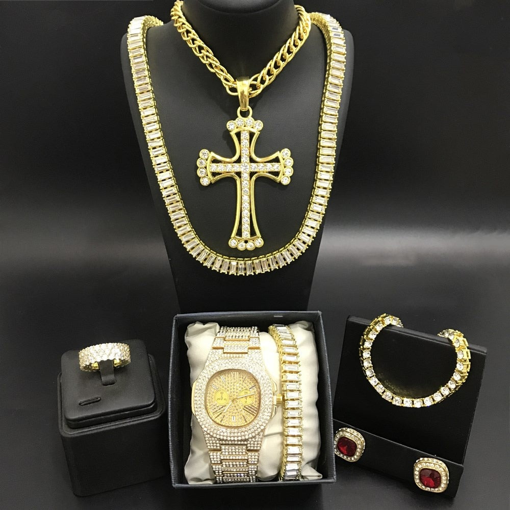 Luxury Men Gold Watch Necklace Bracelet Ring Earrings Combo Set Ice Out Cuban Crystal Miami Chain Hip Hop - Samuels Jewelers