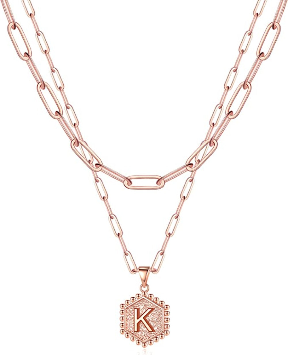 Dainty Layered Initial Necklace 14K Gold Plated Paperclip Chain Hexagon Pendant Choker Necklace - Samuels Jewelers