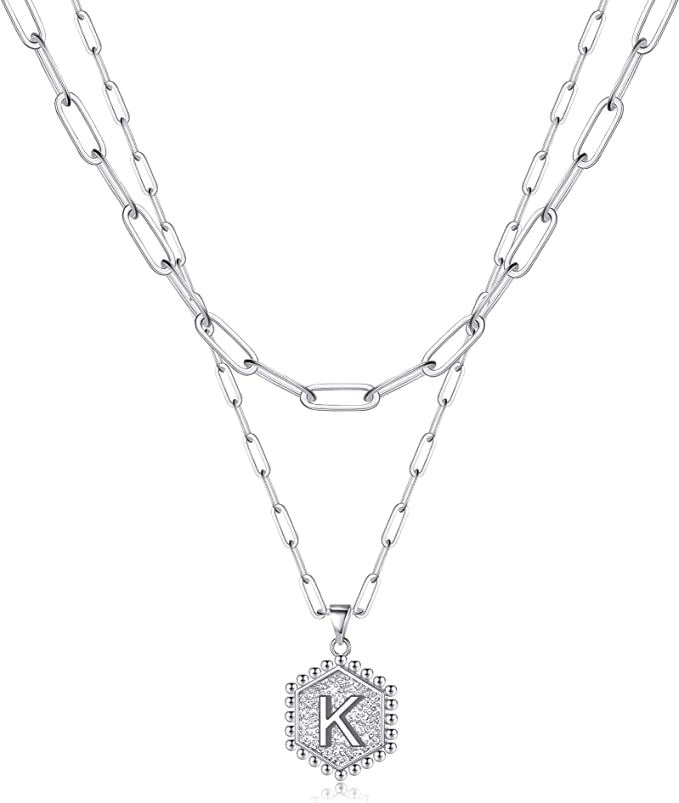 Dainty Layered Initial Necklace 14K Gold Plated Paperclip Chain Hexagon Pendant Choker Necklace - Samuels Jewelers
