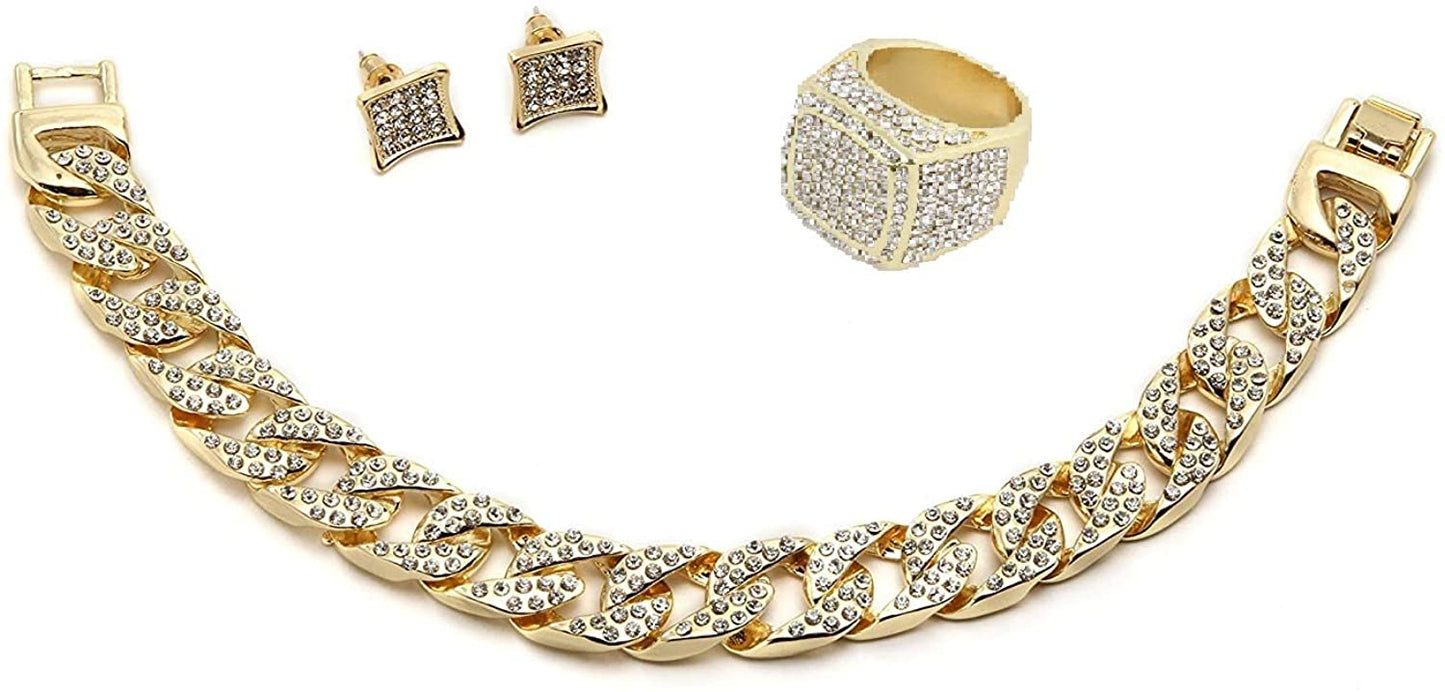 Bling-end Out Hip Hop Watch & Jewelry Set w/Cuban Chain Bracelet, Kite Bling Earrings & Ring - Samuels Jewelers