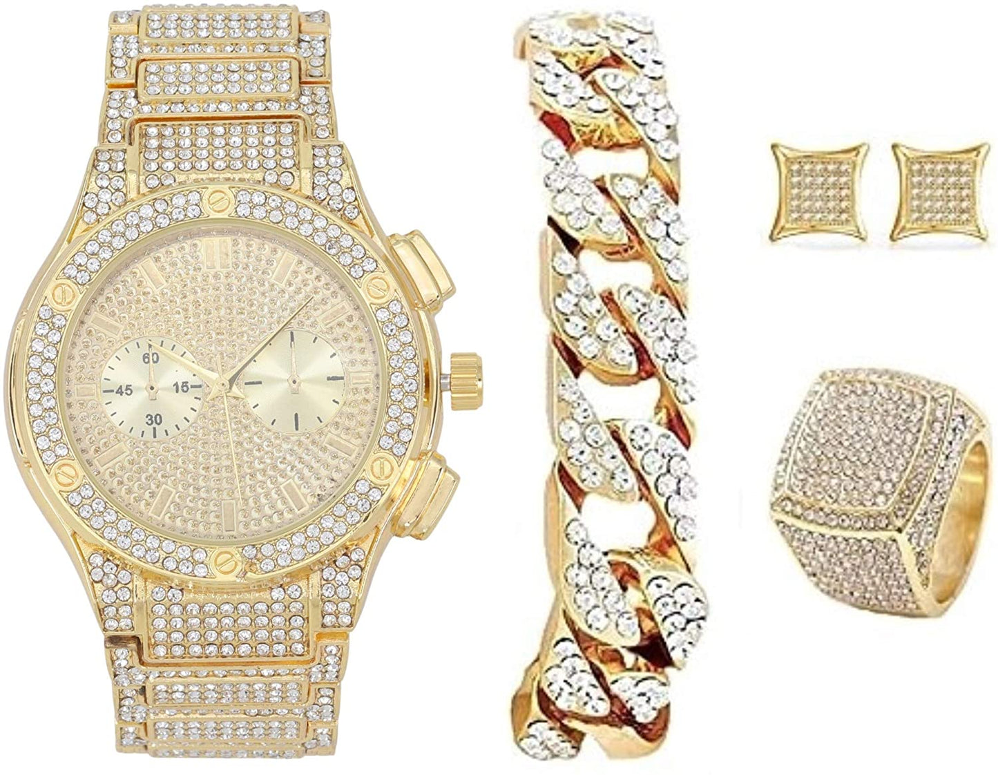 Bling-end Out Hip Hop Watch & Jewelry Set w/Cuban Chain Bracelet, Kite Bling Earrings & Ring - Samuels Jewelers