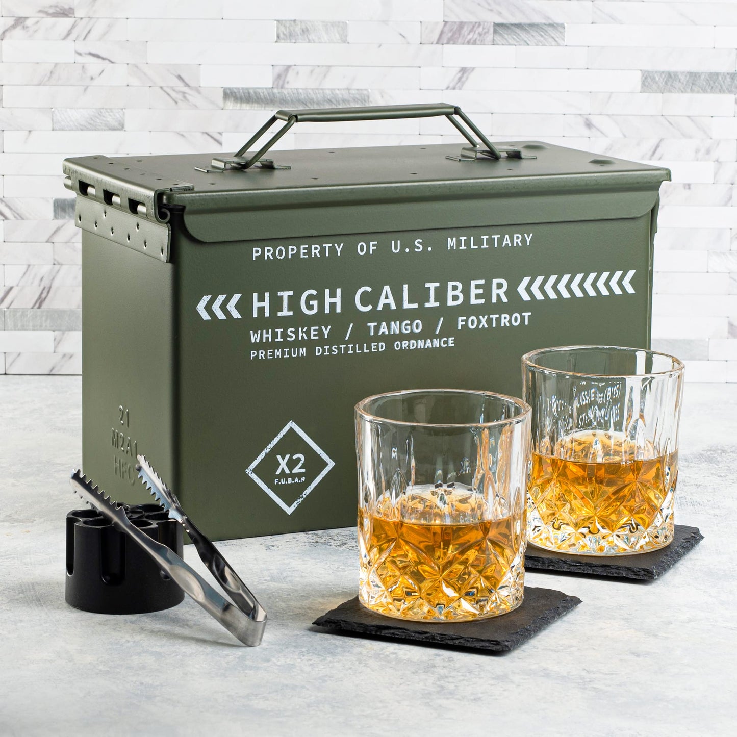 Whiskey Glasses And Stones Set In Unique Tactical Box Display - Samuels Jewelers
