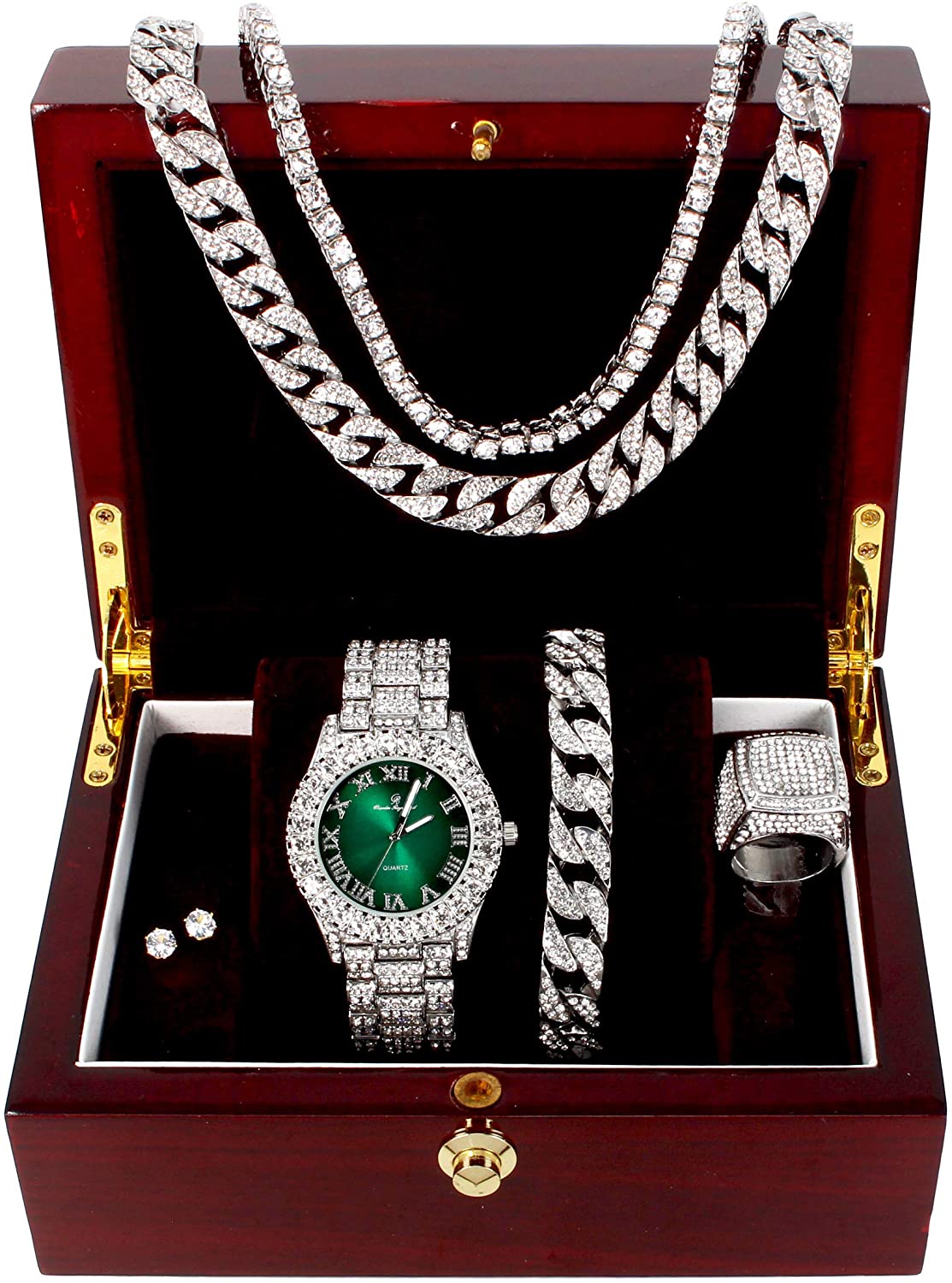 Fully Iced Hip Hop Big Rocks Bezel Color Dial Cuban Chain Bracelet, Cuban Necklace, Tennis Chain & Ring - Samuels Jewelers