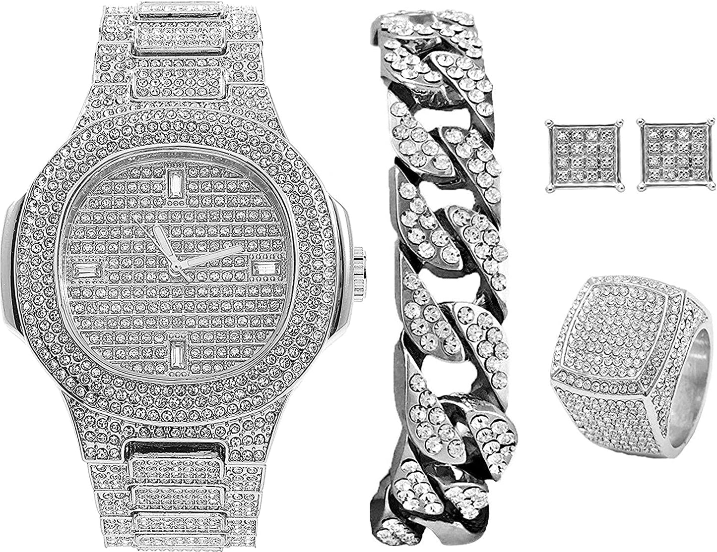 Bling-end Out Hip Hop Watch & Jewelry Set w/Cuban Chain Bracelet, Kite Bling Earrings & Ring - Samuels Jewelers