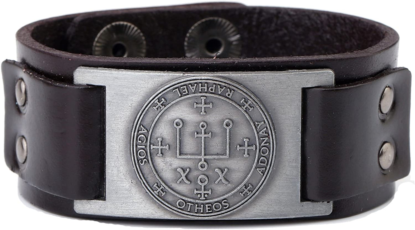 Vintage Solomon Sigil of Archangel Raphael Metal Craft Connector Enoch Talisman Cuff Leather Bracelet - Samuels Jewelers